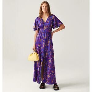 Ba$sh‎ Cecilia Flutter Sleeve Maxi Dress Tiered Floral | Blue | SZ M